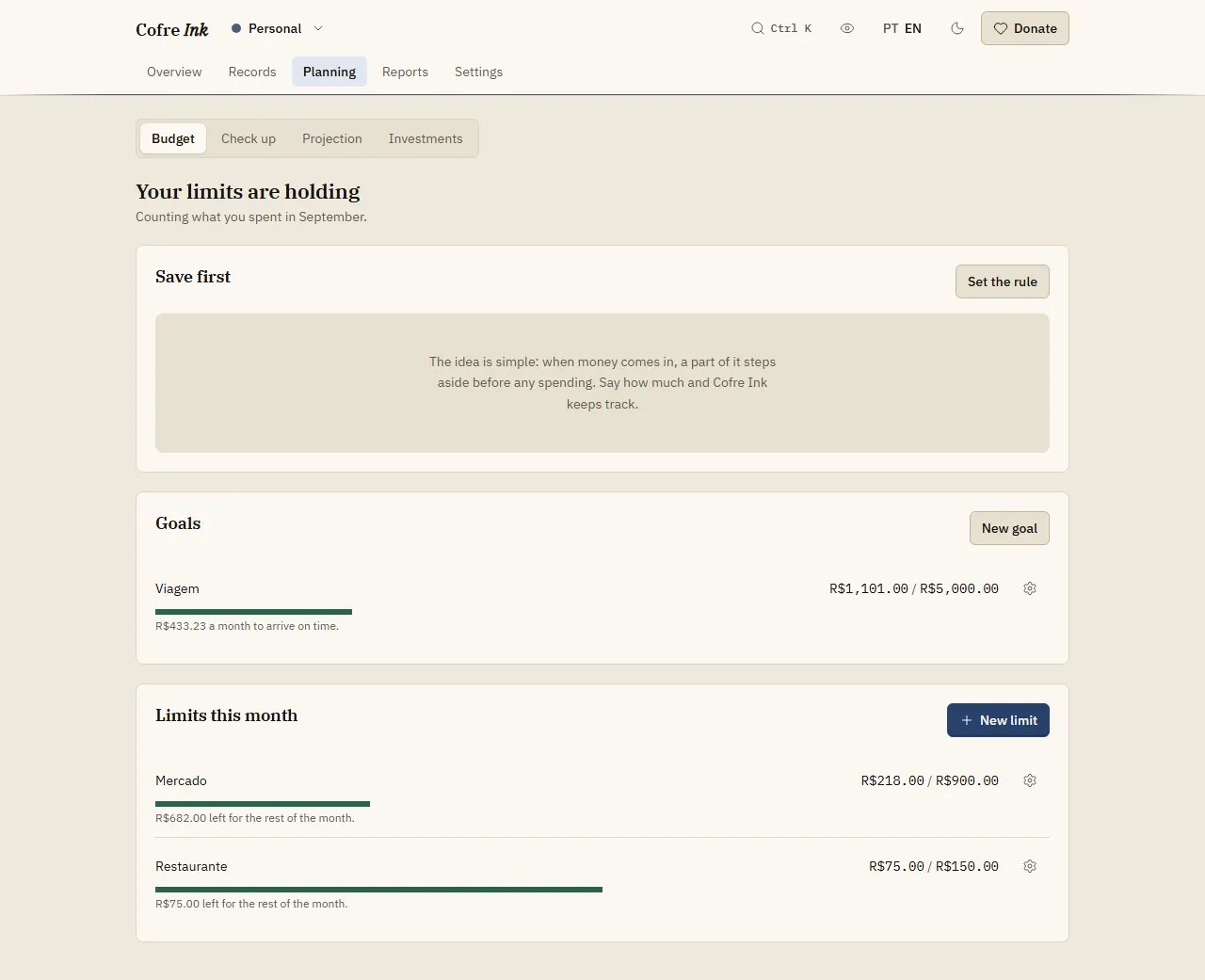 The Budget screen with the example data, a goal and two limits: the headline Your limits are holding, the panel Save first with no rule yet, the goal Viagem, and the limits on Mercado and Restaurante, each with its bar and one sentence.