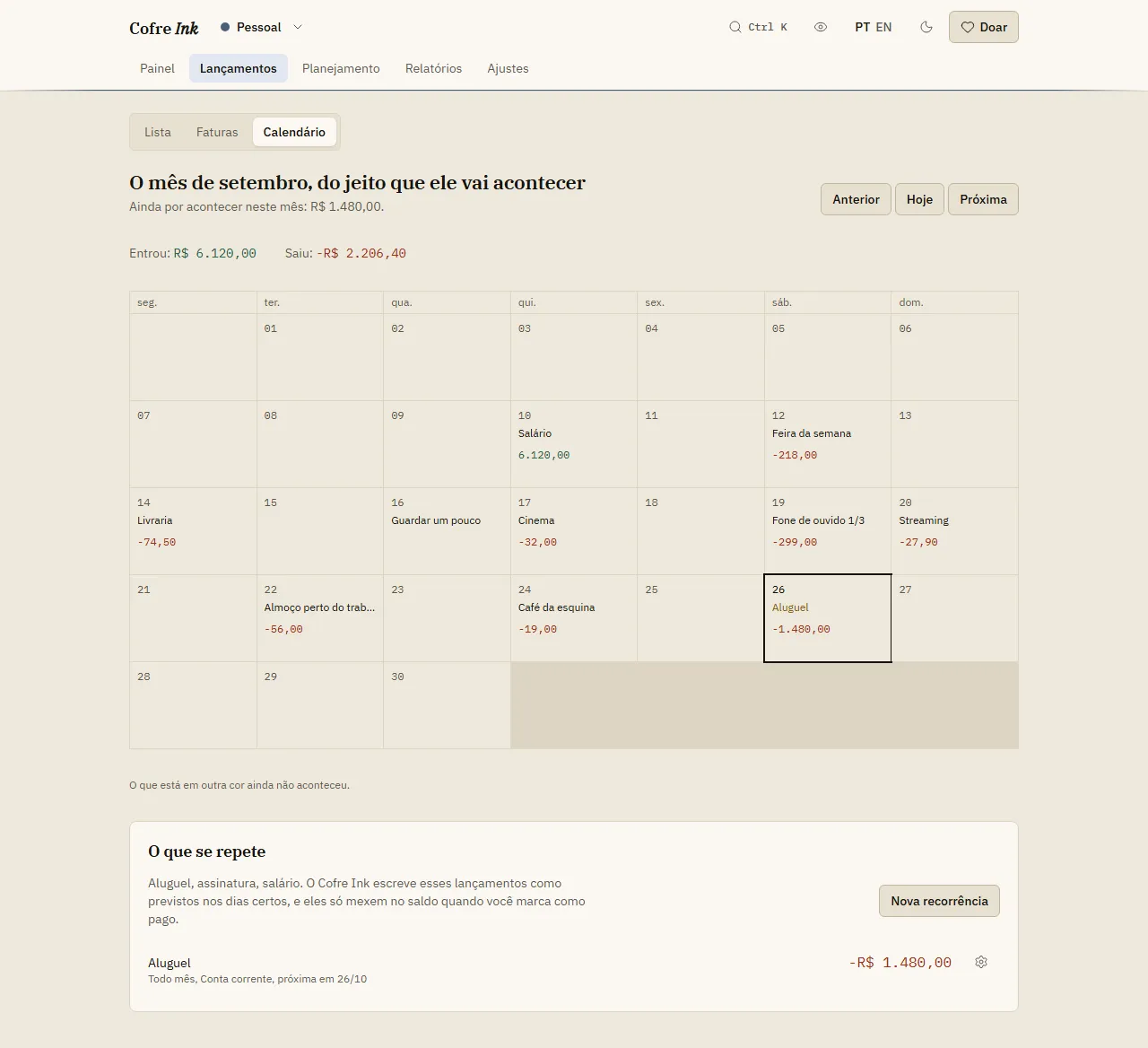 O Calendário com os dados de exemplo e um aluguel mensal: o mês numa grade que começa na segunda, cada dia com os seus lançamentos e o total, o Aluguel de hoje na cor do que ainda não aconteceu, e embaixo o painel O que se repete com a recorrência Aluguel, Todo mês, Conta corrente