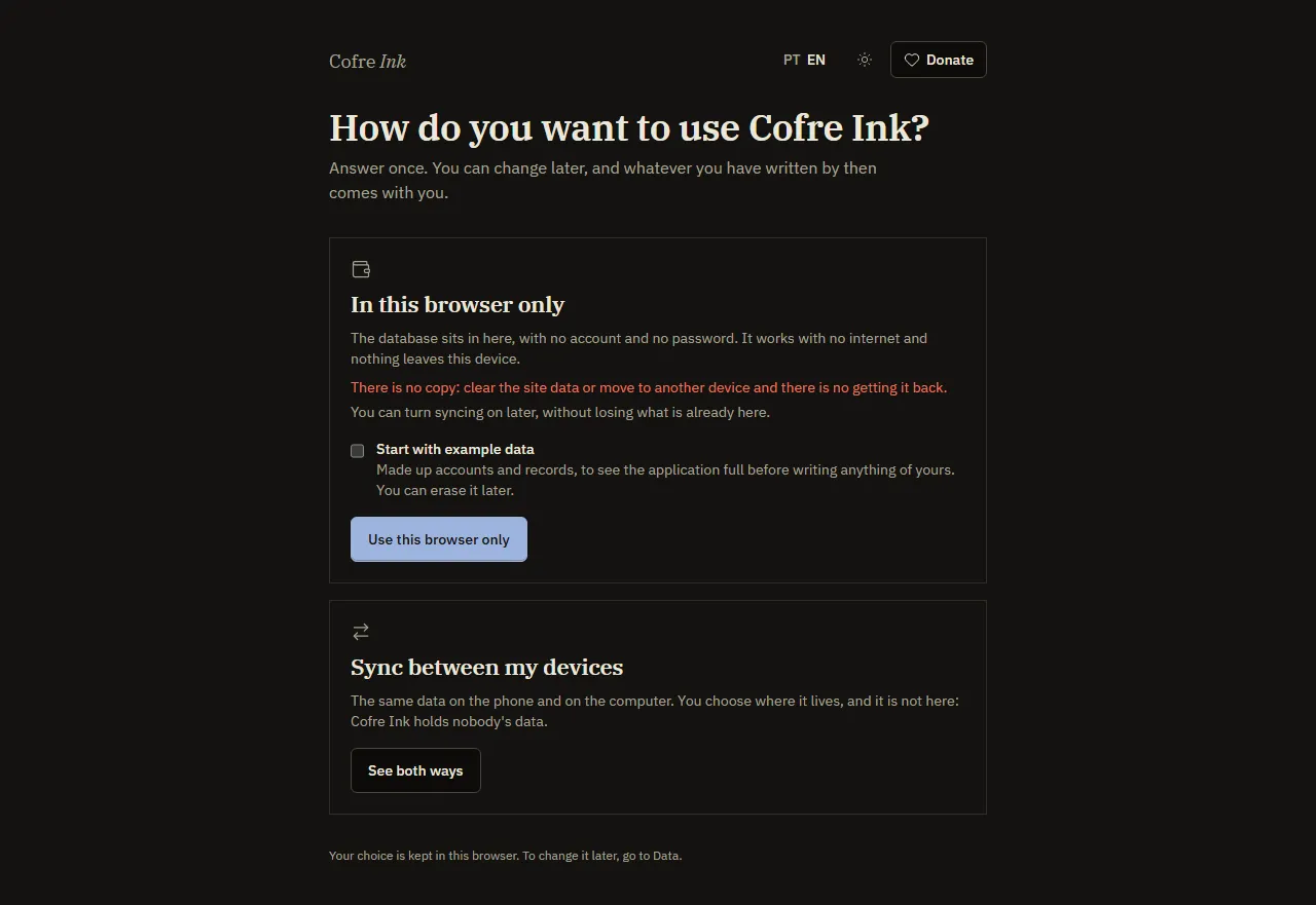 The first screen of Cofre Ink, How do you want to use Cofre Ink, with the two doors.