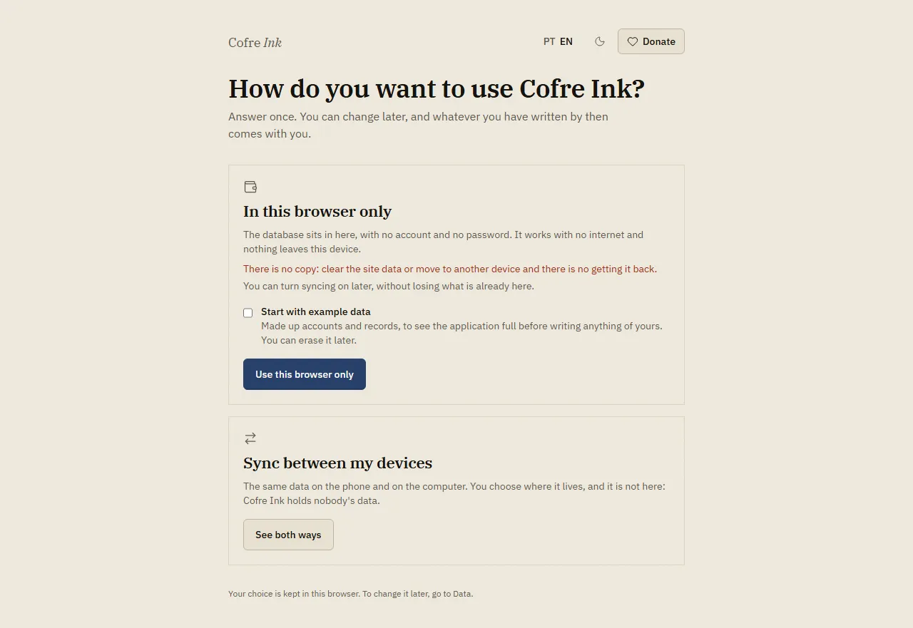 The first screen of Cofre Ink, How do you want to use Cofre Ink, with the two doors.