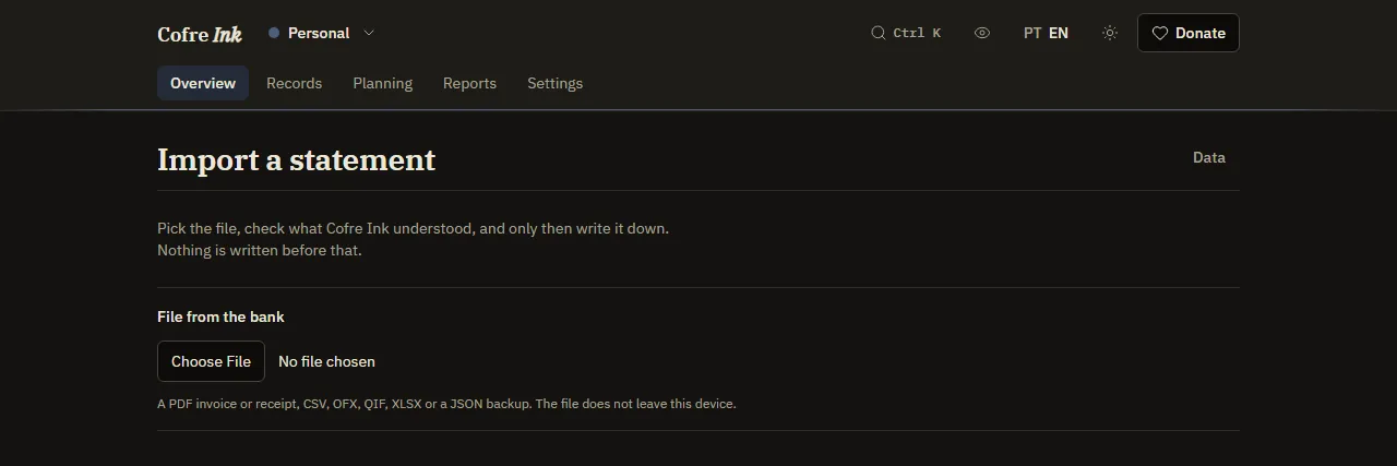 The import screen before a file is chosen, with the File from the bank field