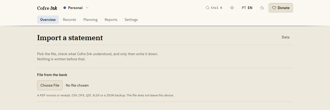 The import screen before a file is chosen, with the File from the bank field