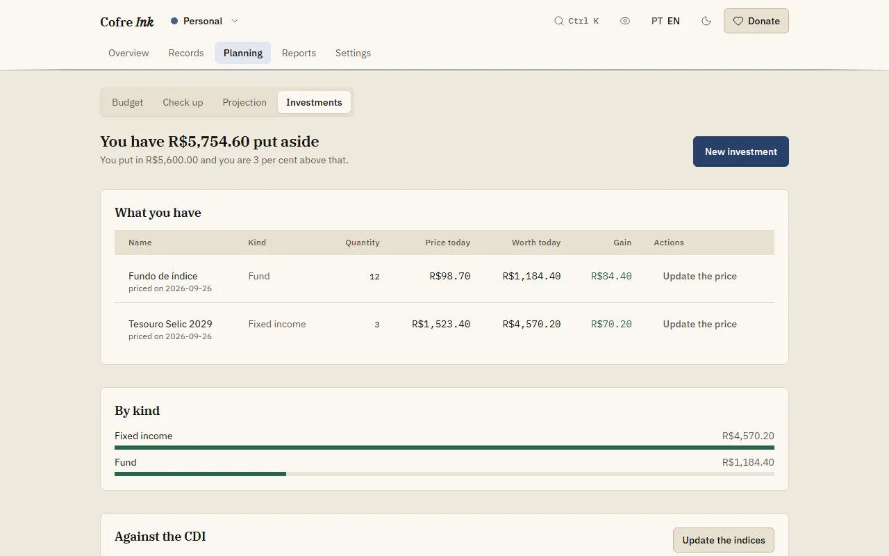 The Investments screen with example data: the headline, two holdings under What you have with price, value and gain, the By kind panel and the Update the indices button.