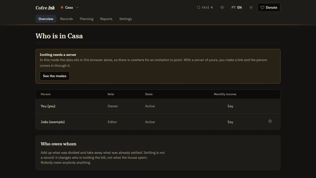 The Members screen of the example shared space, with two people and their roles, and the note Inviting needs a server.