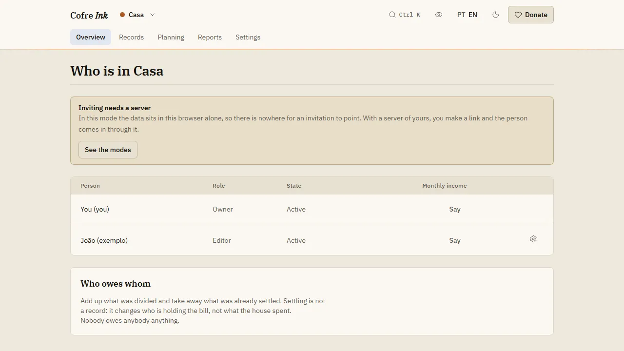 The Members screen of the example shared space, with two people and their roles, and the note Inviting needs a server.