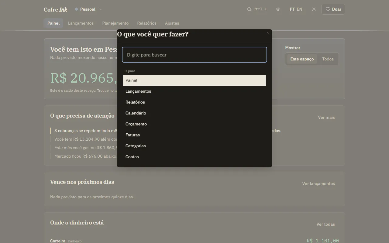 A paleta de comandos do Cofre Ink aberta sobre o Painel, sem nada digitado, mostrando o primeiro grupo, Ir para; Trocar de espaço e Ações vêm mais abaixo na lista.