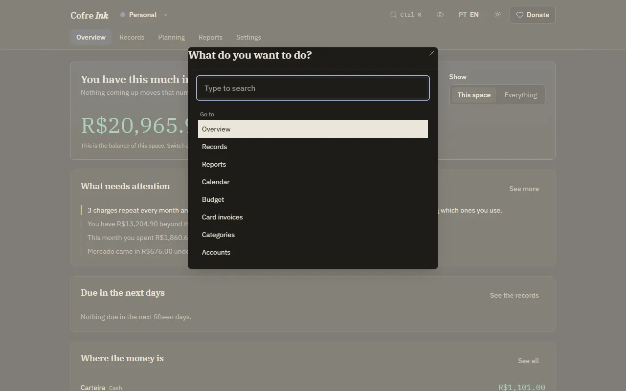 The command palette of Cofre Ink open over the Overview with nothing typed, showing the first group, Go to; Switch space and Actions come further down the list.