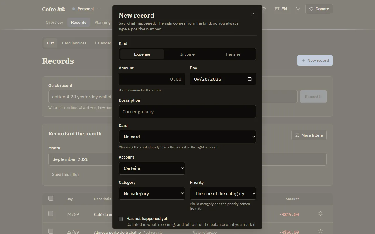 The New record dialog on Expense, with the fields Amount, Day, Description, Card, Account, Category and Priority, and the box Has not happened yet.
