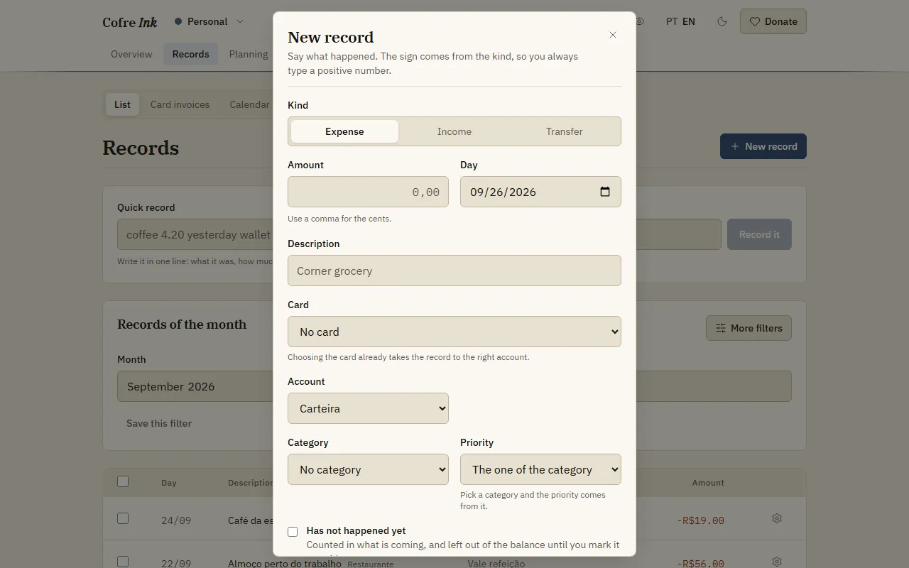 The New record dialog on Expense, with the fields Amount, Day, Description, Card, Account, Category and Priority, and the box Has not happened yet.