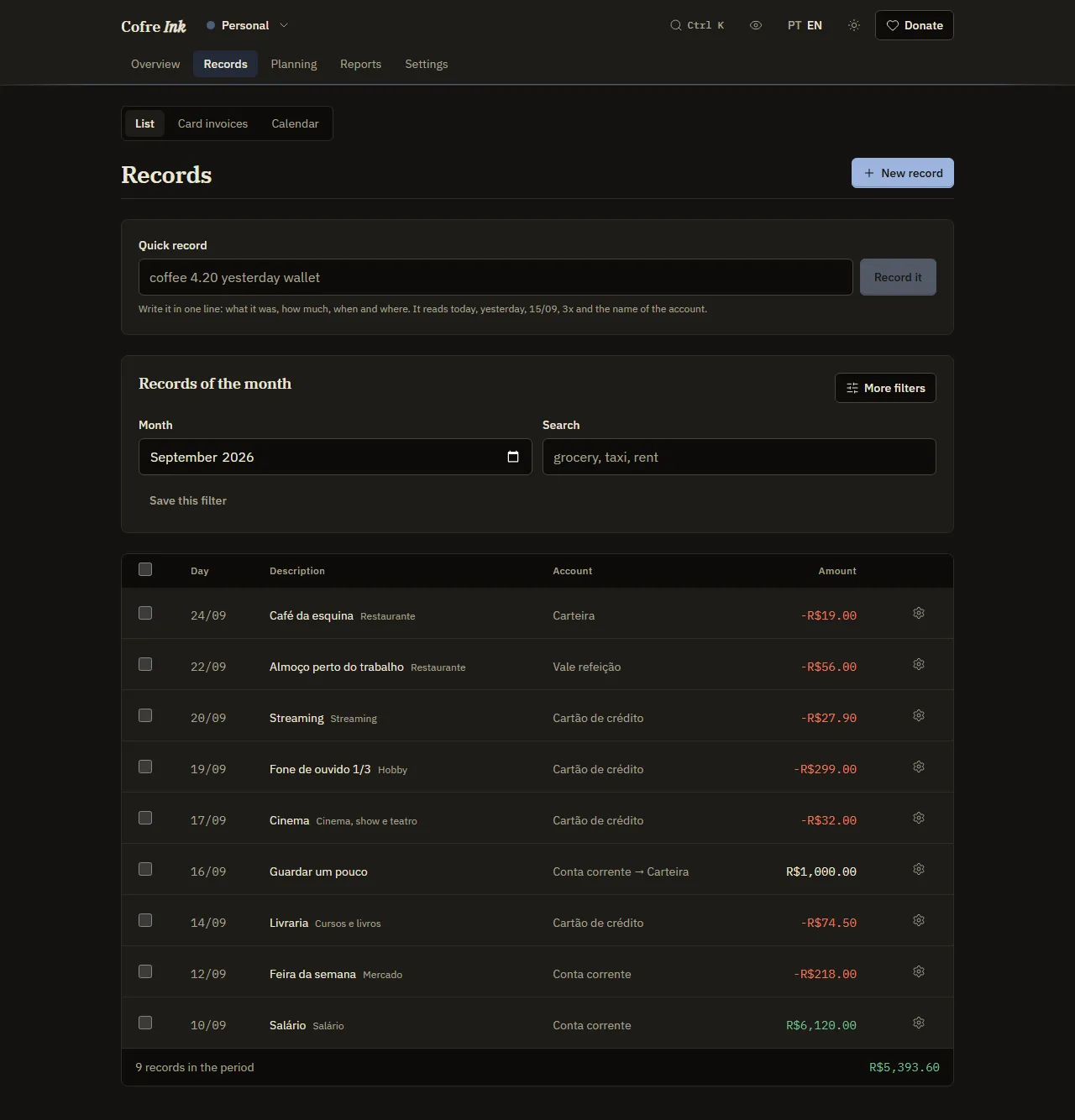 The list of records with example data: day, description, account and amount for each record of the month