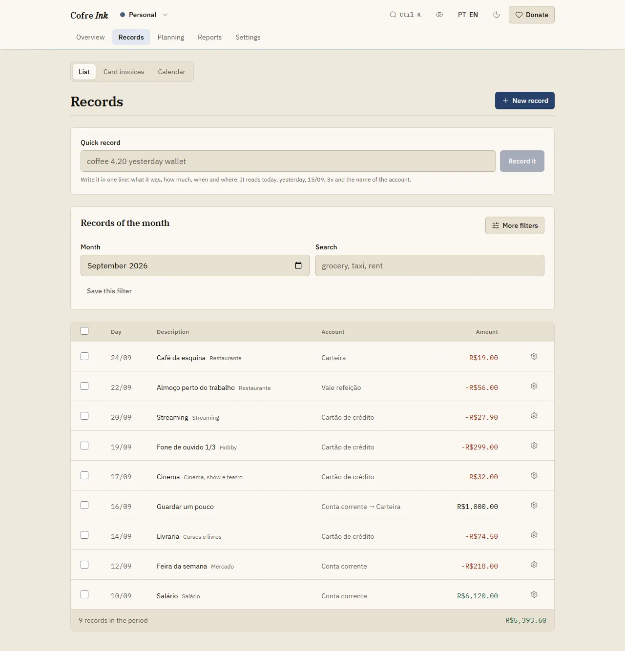 The list of records with example data: day, description, account and amount for each record of the month