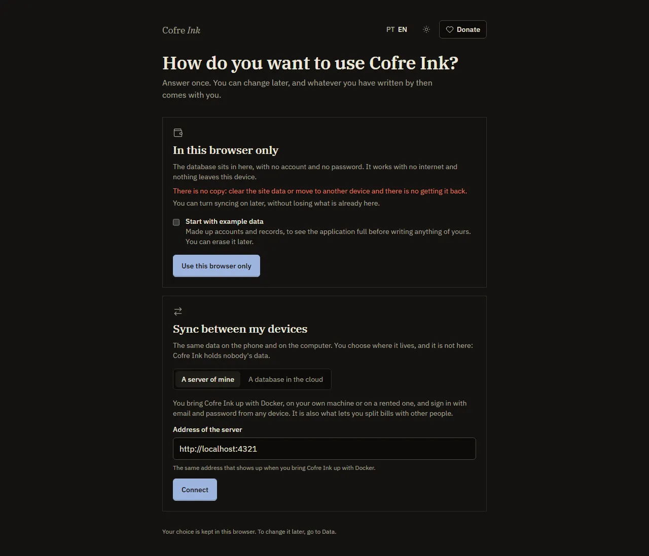 The first screen of Cofre Ink with the second door open on A server of mine and the Address of the server field.