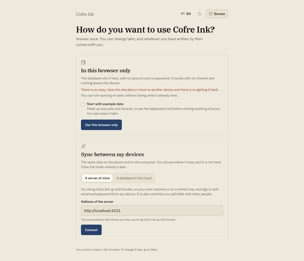The first screen of Cofre Ink with the second door open on A server of mine and the Address of the server field.
