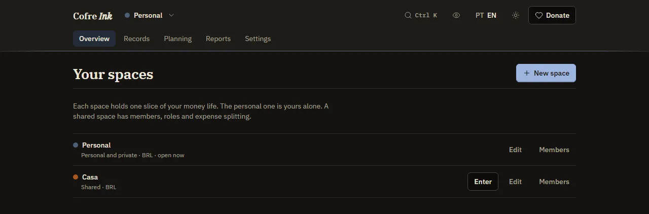 The Your spaces screen listing a personal space and a shared space, each with its kind, its currency and its buttons.