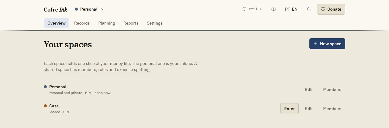 The Your spaces screen listing a personal space and a shared space, each with its kind, its currency and its buttons.